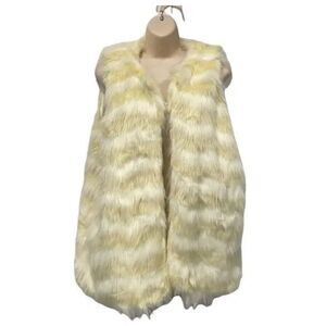 Love Tree Faux Fur  Open Front Vest Stripe Lined Lg‎ Yellow White Festival Rave